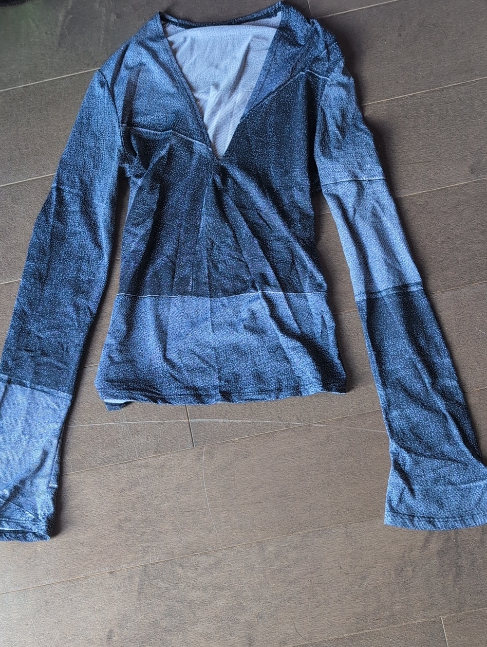 Women's Blue Long Sleeve Spandex Denim Printed Top
